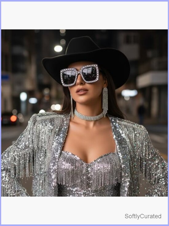 5-Piece Disco Cowgirl Hat Set Rhinestone Necklace Earrings Sunglasses Costume